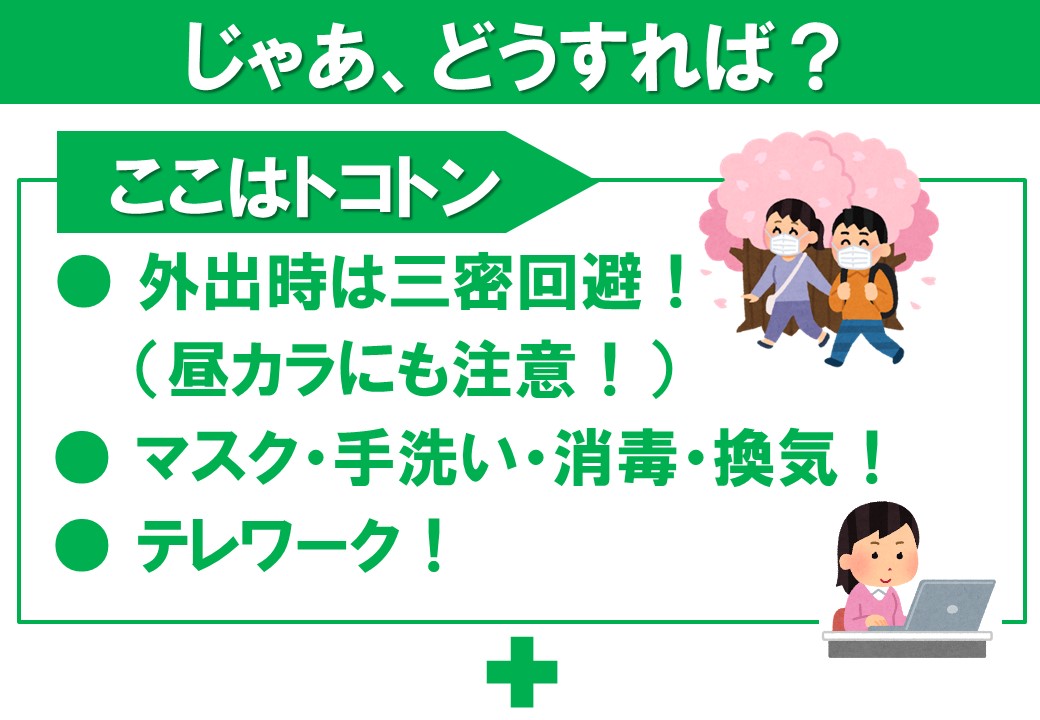 外出時は三密回避（昼カラにも注意。マスク・手洗い・消毒・換気。テレワーク。