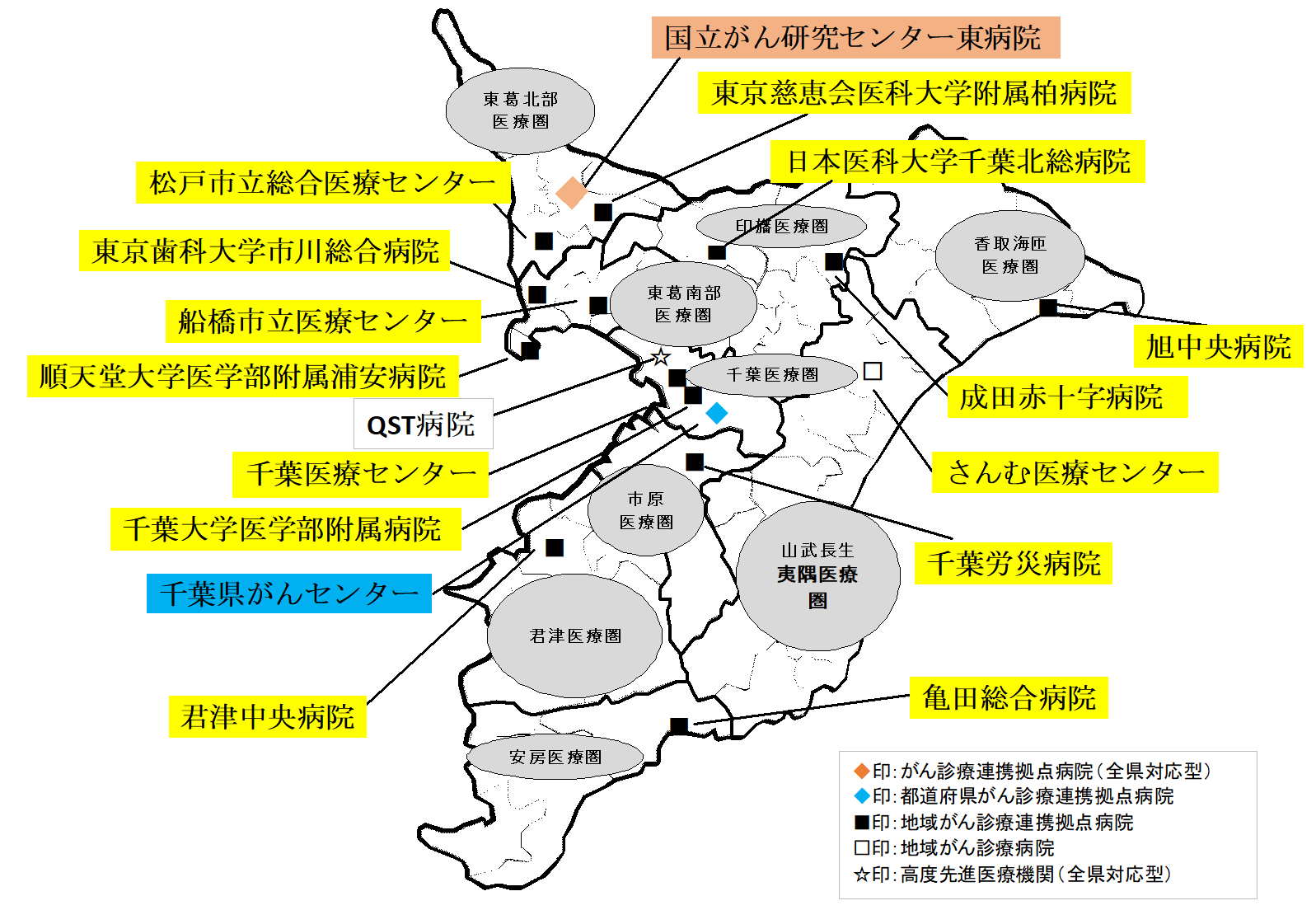 千葉県内のがん診療連携拠点病院等の地図画像