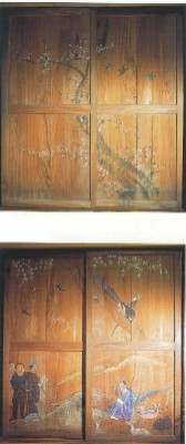 杉戸絵「梅花めじろ図」付桜花燕尾長鳥の図の写真