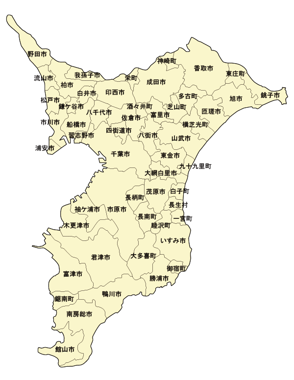 千葉県の地図（54市町村(37市16町1村)を表記しています。）
