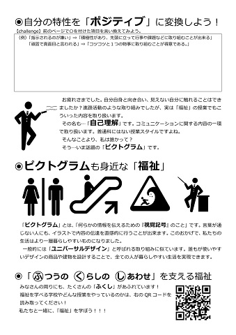 福祉科紹介パンフレット2ページ目。自分の特性を「ポジティブ」に変換しよう。例えば、「指示されるのが嫌い」は「積極性がある」、「頑固で真面目」は「コツコツと1つの物事に取り組むことが得意」など。このような「自己理解」は「福祉」の授業でも取り扱います。普通科にはない授業スタイルです。福祉は「ふつうの、くらしの、しあわせ」を支えるものです。「何らかの情報を伝えるための視覚記号」である「ピクトグラム」も身近な福祉です。誰もが使いやすいデザインの商品や建物を設計し、全ての人が暮らしやすい生活を目指す「ユニバーサルデザイン」と呼ばれる取り組みに似ています。