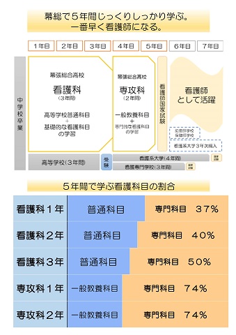 幕張総合高校における看護科の教育課程を解説した画像。看護科で3年学んだ後、専攻科へ進学し2年学び、看護師の国家試験を経て看護師として活躍する。