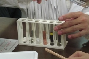 鉄、鉛、銅、マグネシウム、亜鉛のどの金属が薬品に溶けやすいか確かめる実験の手元の写真