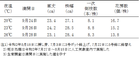 表1短日処理の夜温が「ネッチャダーク」の生育に及ぼす影響