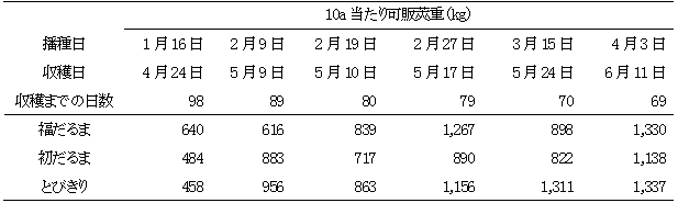 無加温ハウス栽培における品種及び播種日別の収量の表