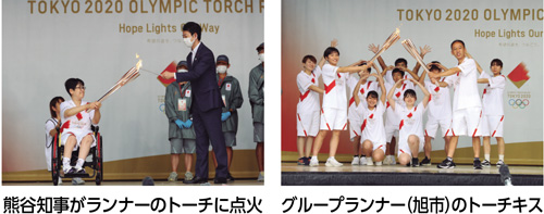 熊谷知事がランナーのトーチに点火・グループランナー(旭市)のトーチキスの画像