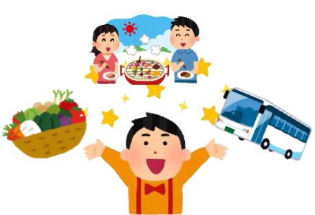 男性が、野菜の詰め合わせ、バーベキュー、バス旅行に思いを膨らませている画像