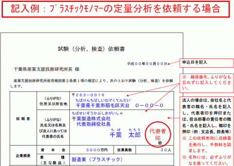 試験（分析、検査）依頼書の記入例（定量分析）の画像