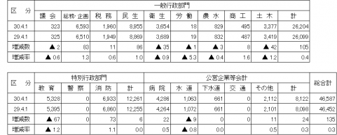 H30部門別職員数の前年比較