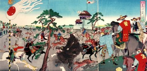 捕獲の歴史1「楊州周延 温故東の花 第五篇将軍家於小金原御猪狩之図」