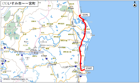 大原漁港を出発し、太平洋岸自転車道（国道128号）を北上しながら、東京2020大会でサーフィン競技会場となった釣ヶ崎海岸を目指すコース［いすみ市・一宮町］（距離約10.9km）