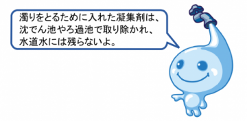 濁りをとるために入れた凝集剤は、沈でん池やろ過池で取り除かれ、水道水には残らないよ。