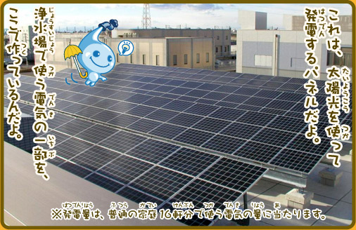 これは、太陽光を使って発電するパネルだよ。浄水場で使う電気の一部を、ここで作っているんだよ。※発電量は、普通の家庭16軒分で使う電気の量に当たります。