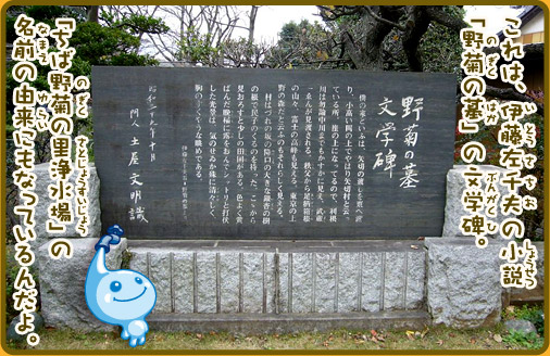 これは、伊藤左千夫の小説「野菊の墓」の文学碑。「ちば野菊の里浄水場」の名前の由来にもなっているんだよ。