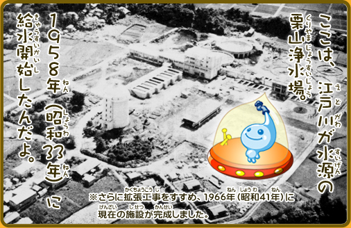 ここは、江戸川が水源の栗山浄水場。1958年（昭和33年）に給水開始したんだよ。※さらに拡張工事をすすめ、1966年（昭和41年）に現在の施設が完成しました。