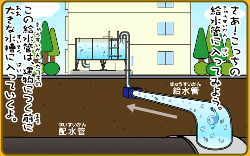 さあ！こっちの給水管に入ってみよう。この給水管は、建物につく前に大きな水槽に入っていくよ。