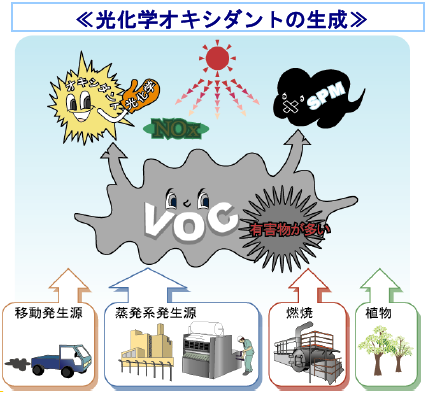 VOCは太陽の紫外線を受けて反応し、光化学オキシダントを生成したり、浮遊粒子状物質にも変化します