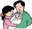 両親が赤ちゃんを抱いている絵