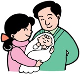 両親が赤ちゃんを抱いている絵