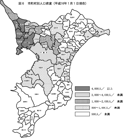 第6図市町村別人口密度 平成16年1月現在 千葉県