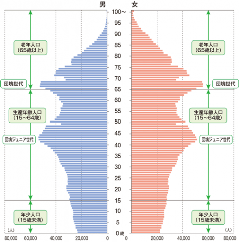 千葉県の人口ピラミッドのグラフ