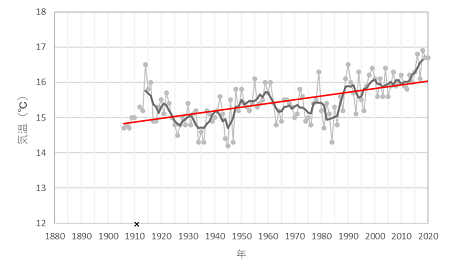 年平均気温の経年変化（勝浦）